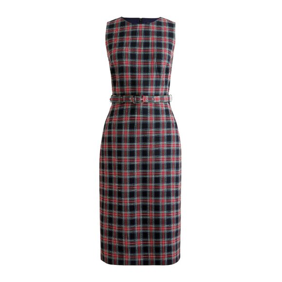 NWT J.Crew Belted Sheath Dress in Red Green Multi Black Steward Tartan Dress 16T